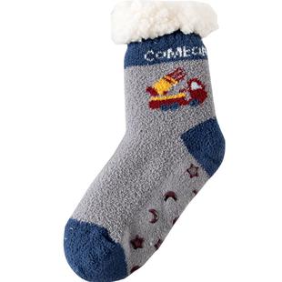 冬季加绒加厚男童袜子保暖儿童地板袜防滑秋冬冬天宝宝高筒中筒袜