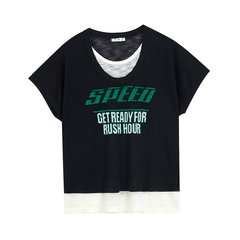 UGIZ商场同款23年秋新品韩版女字母提花假两件圆领针织衫UCWG805