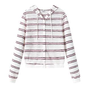 班尼路条纹连帽开衫女春夏新款小个子短款宽松休闲亲肤薄款外套N