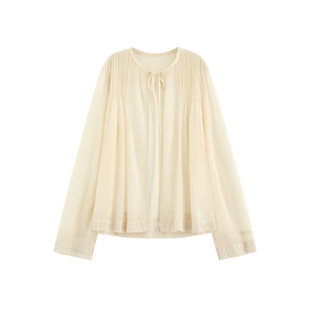 【纱诗】雾感轻盈醋酸缎 随性浪漫松弛塔克捏褶系带花边衬衫-0021