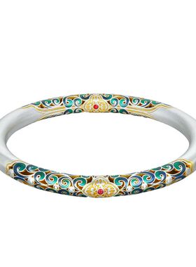 古法珐琅彩卷草纹描金手镯纯银女