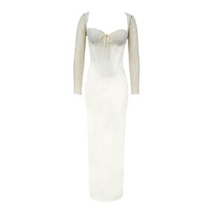 House of CB 秋冬款显身材性感复古象牙白缎面超长连衣裙Perdi