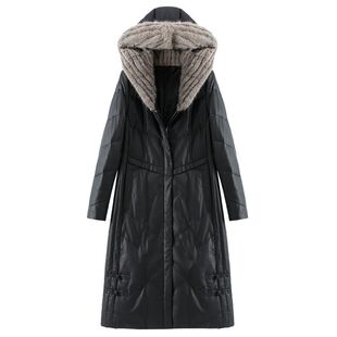 海宁真皮绵羊皮羽绒服貂毛帽皮衣2025冬季新款中长修身连帽外套女