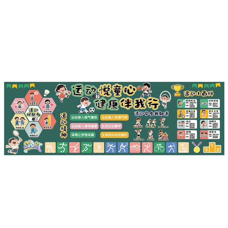 校园弘扬健康体育运动会主题精神小学班级文化环创卡通黑板报墙贴