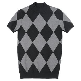 半高领短袖针织衫男士韩版修身撞色打底衫休闲百搭中领格子毛衣潮