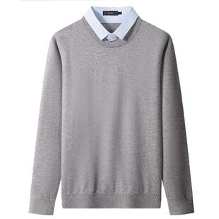 杉杉假两件秋冬商务爸爸装针织衫加厚加绒保暖衬衫领毛衣男士上衣