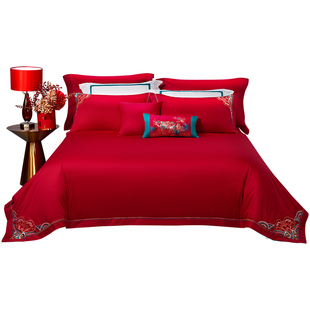 富安娜家纺婚庆婚房新婚大红结婚套件被套床单床上四件套全棉纯棉