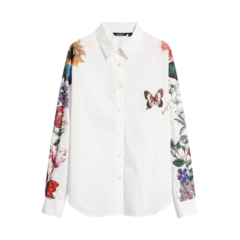Desigual26秋冬新品白色手绘花圃印花贴布绣装饰女式衬衫