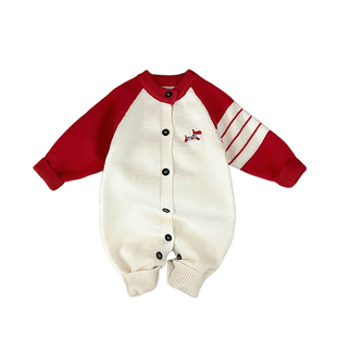 女童冬季新年满月连体衣男宝宝加厚保暖针织毛衣新生婴儿外出爬服