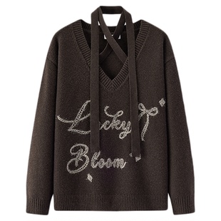 森马毛衣女冬季V领挂脖宽松刺绣蝴蝶结2025新款盐甜系设计感上衣