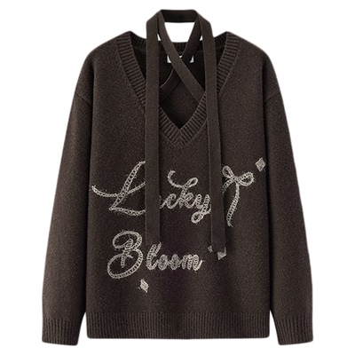 森马设计感V领挂脖宽松毛衣女