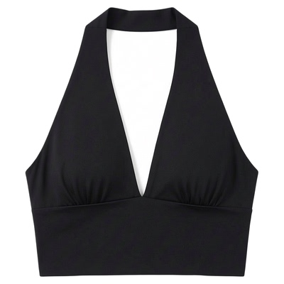 Hanging neck and exposed navel solid top挂脖露脐褶皱纯色上衣