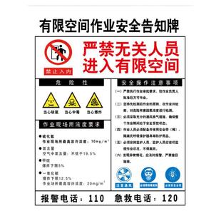 有限空间警示标识牌有限空间安全告知牌受限空间作业标志贴纸职业危害告知卡安全风险告知牌密闭空间铝板定制