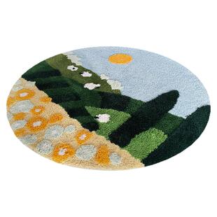 卡通儿童房绿色农场圆形地毯 卧室爬行床边毯阅读区书桌植绒地毯