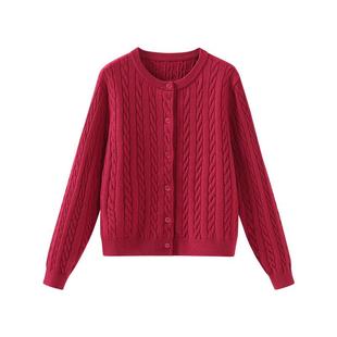 班尼路红色针织衫外套女新款冬新年战袍修身开衫毛衣本命年上衣M