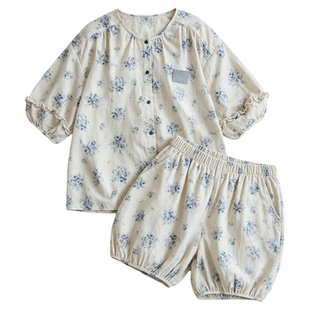 MOLLYROSA蓝调蓝风花睡衣女短袖短裤棉麻纱布家居服套装夏季新款