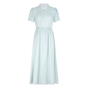 固执夏季新款新中式刺绣连衣裙小立领泡泡短袖中长款A字裙女