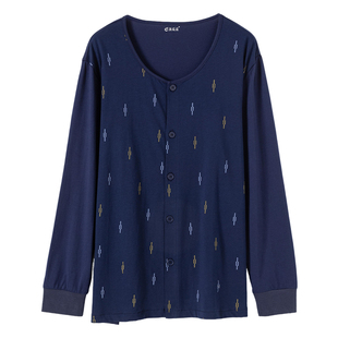 顶瓜瓜男士睡衣上衣开襟圆领长袖顶呱呱打底衫简约印花保暖上装男