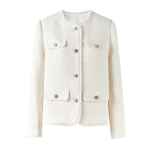 秋水伊人优雅风小香风外套女 2026春季新款时尚流苏白色短款外衣