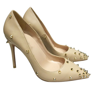 春款12cm白色铆钉高跟鞋女细跟尖头浅口单鞋百搭性感柳丁女鞋10cm