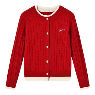 【100%羊毛】英氏女童麻花纹针织羊毛衫保暖红色毛衣复古风开衫
