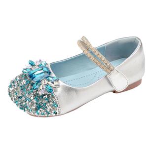 女童鞋子儿童公主水晶小皮鞋2025新款春秋亮晶晶女孩艾莎闪亮春季