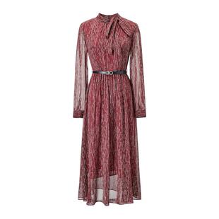 颜域优雅红色长袖连衣裙女士2026早春新款收腰显瘦飘带中长款裙子