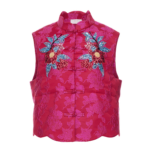 花木深手工立体珠绣马甲女新款花瓣领对襟棉服坎肩盘扣新中式马夹