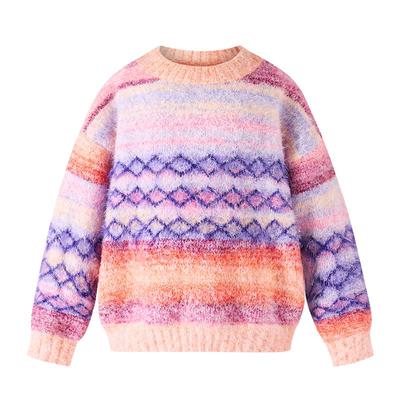 Little Naive女童渐变毛衣秋冬新款圆领保暖上衣儿童撞色针织衫