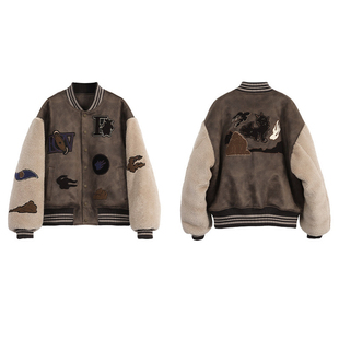 王安宇同款棒球服外套男女情侣款复古宽松字母绣花夹棉加厚夹克潮