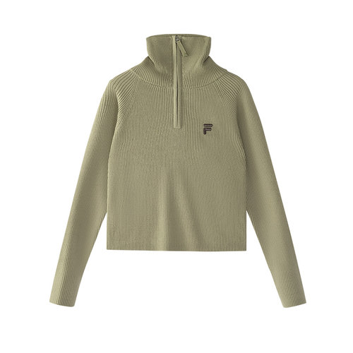 FILA FUSION斐乐潮牌女子编织衫2024冬款时尚修身半拉链高领毛衣