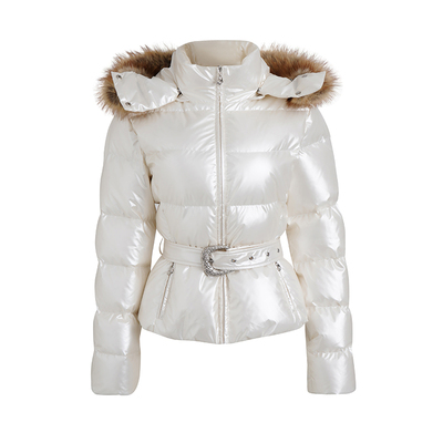 JELLOJELLO25冬定制五金珠光珍珠白收腰连帽羽绒服