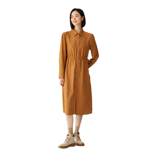 古木夕羊复古纯色长袖衬衫连衣裙女秋季翻领收腰显瘦中长裙