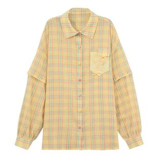 森女部落休闲宽松黄色格子短袖衬衫女上衣夏2026薄款长袖衬衣外套