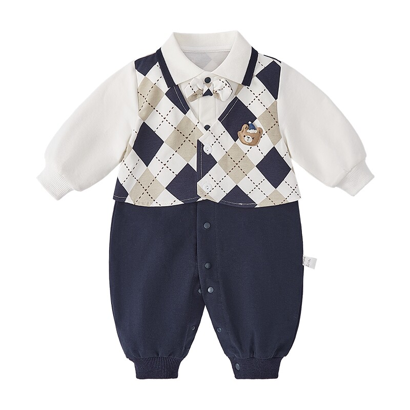 男宝宝假两件连体衣春秋新生幼童爬服秋婴儿帅气衣服幼儿绅士哈衣