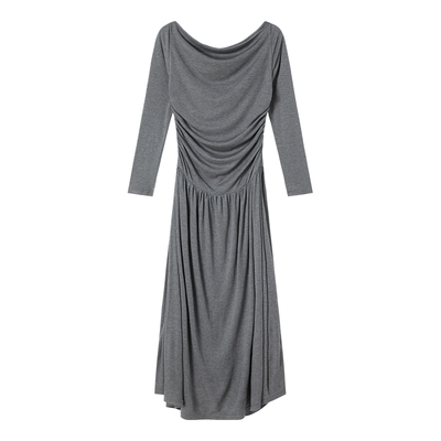 真丝针织一字领捏褶收腰A摆裙