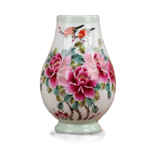 名家夏国安作品 景德镇陶瓷器花瓶 高档礼品瓷手绘豆青喜鹊牡丹瓶