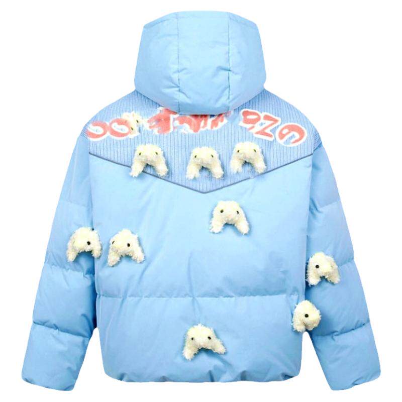 蓝色连帽羽绒服兔年减龄宽松外套
