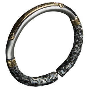 祥银居云南大理雪花银复古做旧手工雕刻圆柱金箍棒手镯.珍藏