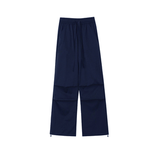 美式藏青色休闲工装裤女春季大码胖mm宽松显瘦梨形身材阔腿运动裤