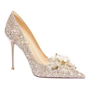 HolyRose【桃落晚晴】主婚鞋女绝美金色公主风水晶鞋平时穿不累脚