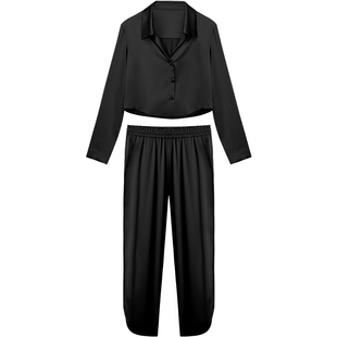 真丝睡衣睡裤两件套女桑蚕丝短款上衣长袖长裤家居服宽松丝绸套装