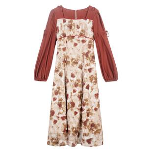 KEIKO 法式复古晕染碎花连衣裙26春季气质通勤泡泡袖方领雪纺长裙