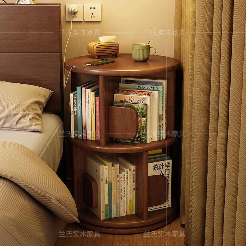 实木旋转书架360度书柜家用客厅儿童阅读架落地置物架卧室床头柜