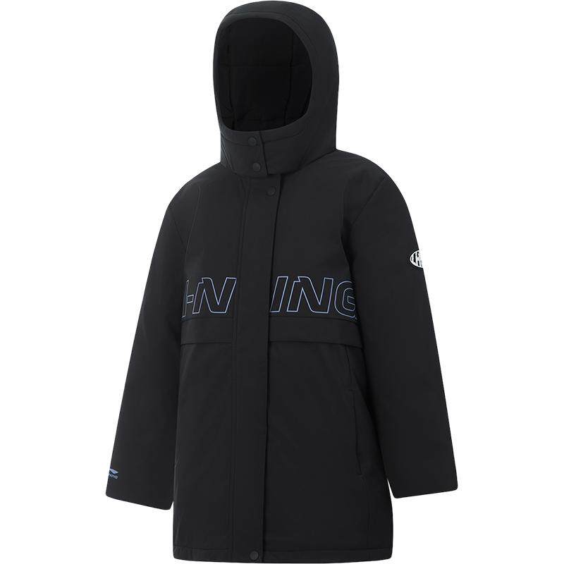 李宁童防泼水连帽女休闲中羽绒服