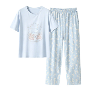 芬腾可安睡衣女款2026新款夏季莫代尔棉短袖七分裤浅蓝家居服夏天