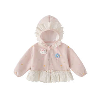 [7A抗菌]女童针织外套春季宝宝洋气花边连帽衣服春装儿童长袖上衣