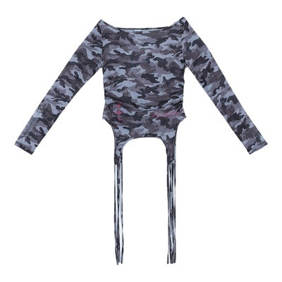 CBXLAB街舞潮牌春季迷彩网纱两穿做旧上衣辣妹两穿系绳跳舞吊带女