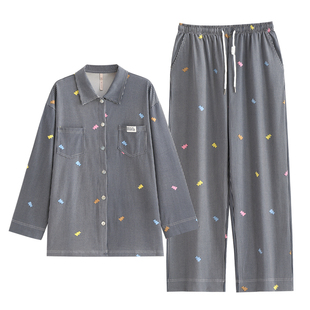悦内睡衣女款春秋纯棉长袖家居服休闲宽松大码条纹衬衫可外穿小熊