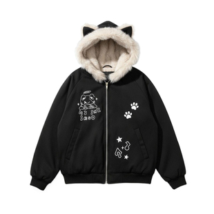 大码胖mm黑色卡通印花保暖棉服女款新款冬装外套女猫耳朵加厚棉衣